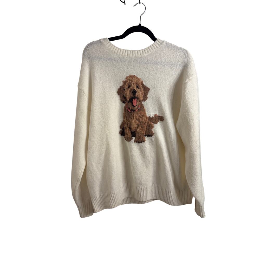 Hollister Puppy Graphic Crewneck Sweater M Ivory Soft Knit Preppy Cottagecore